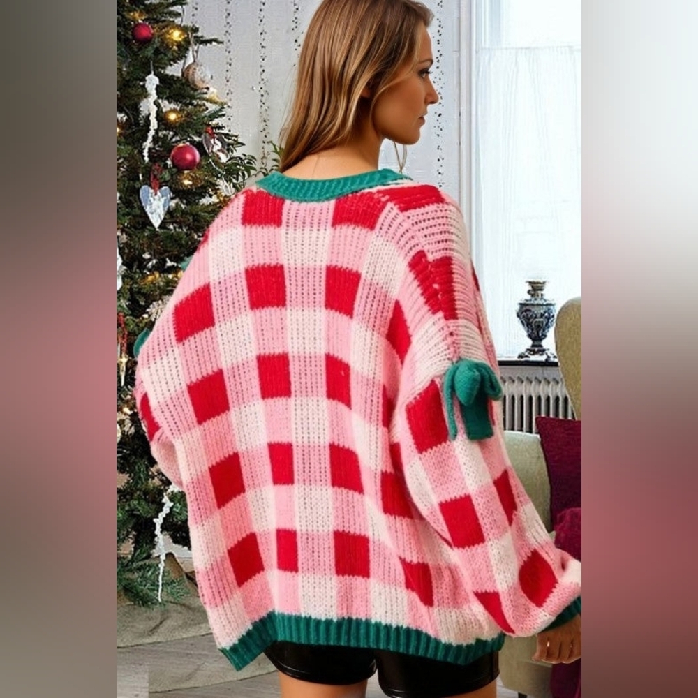 Christmas Plaid Bow Open Front Sweater Knit Cardigan - Picture 3 of 9